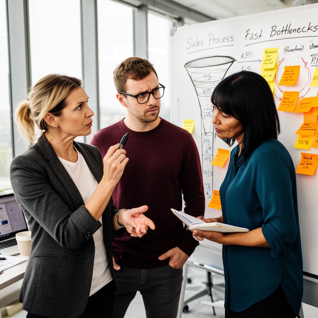 Kleines Team in entspanntem Austausch, Whiteboard im Hintergrund